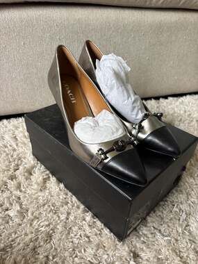 Coach Lauri Gunmetal Metallic and Black Leather Pointed-Toe Kitten Pumps